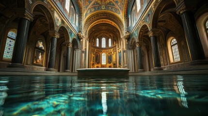 Fototapeta premium Bronze baptistery in a grand cathedral with clear water reflecting mosaics and soft light from stained glass windows