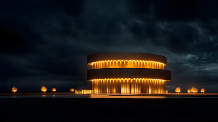 Modern illuminated building against a dramatic dark sky at night