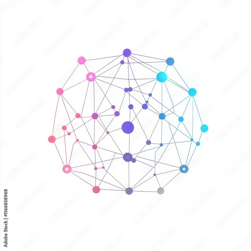 Poster abstract network visualization with colorful nodes and connections, showcasing technology and innova