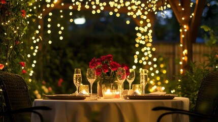 A beautifully set outdoor table for two under a canopy of fairy lights, surrounded by roses and soft candles, creating a perfect atmosphere for a Valentinea Day dinner.
