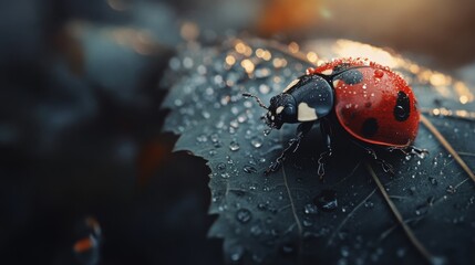 Obraz premium A close-up of a ladybug on a dewy leaf, with the droplets sparkling in the morning light and the red shell of the insect standing out.