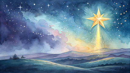 Watercolor Star of Bethlehem background, a bright, glowing star in the night sky with soft, flowing brushstrokes of blues, purples, and yellows, illuminating the path for the Wise Men and symbolizing 