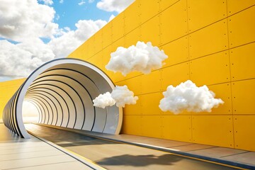 3d render, abstract minimal yellow background with white clouds flying out the tunnel