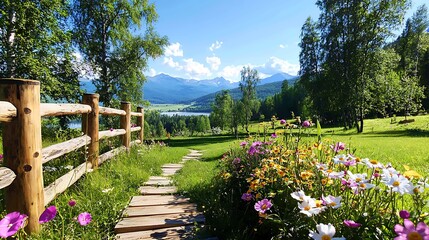 Scenic path leads to lake & mountains.  Wooden fence, wildflowers. Sunny day.