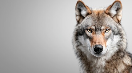 Obraz premium A close up of a wolf's face on a gray background