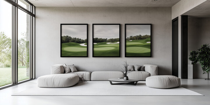 Modern living room features three framed landscapes of green golf courses against a gray wall, designed for relaxation and elegance