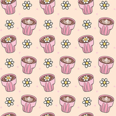Cute Groovy Retro Coffee cups Latte Seamless Pattern Isolated on Background