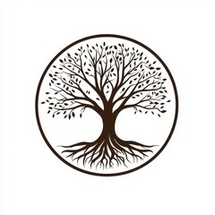 A stylized tree symbolizing growth, connection, and life, with intricate branches and roots portrayed in brown.
