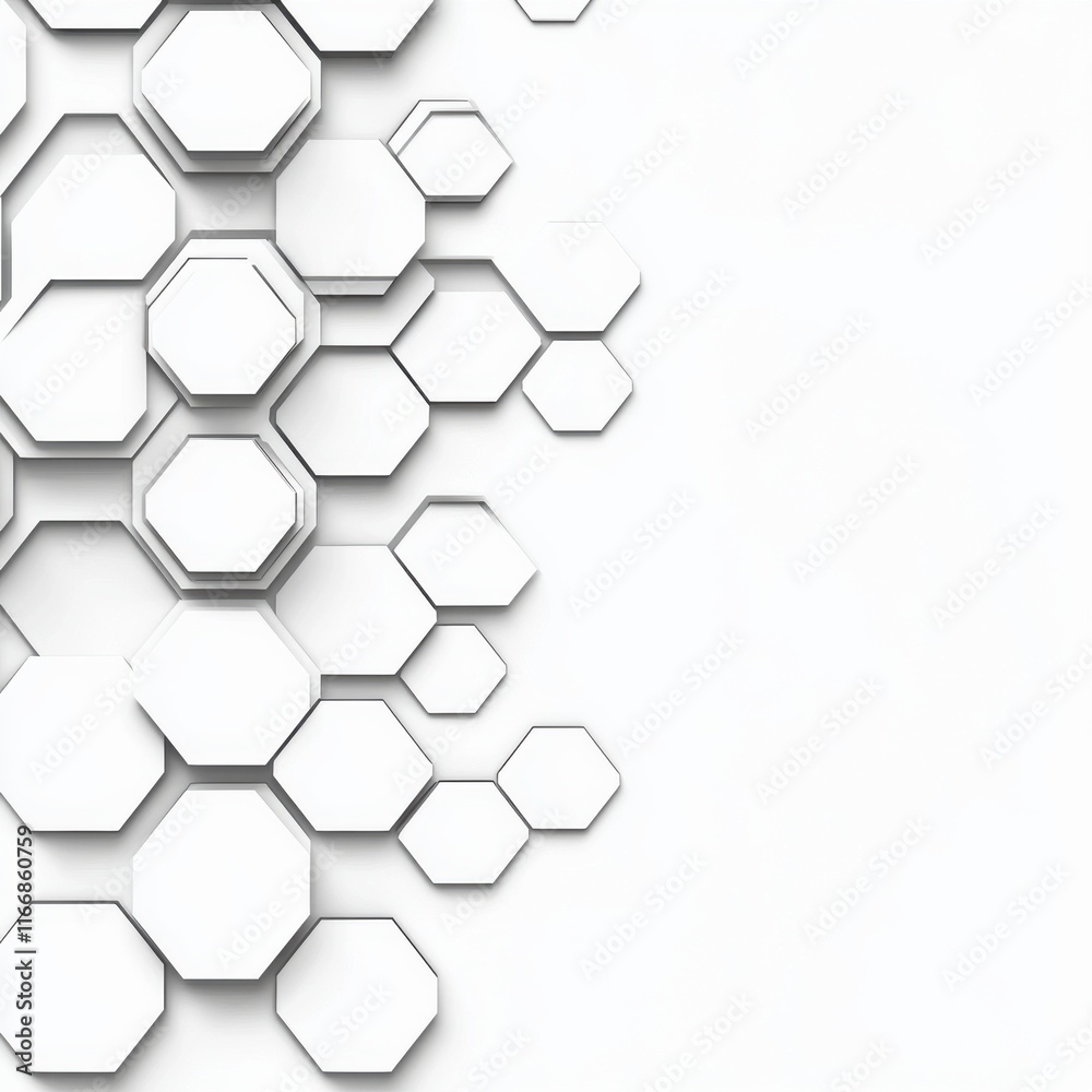 Poster abstract composition of hexagonal shapes in white, creating a modern and clean design aesthetic.