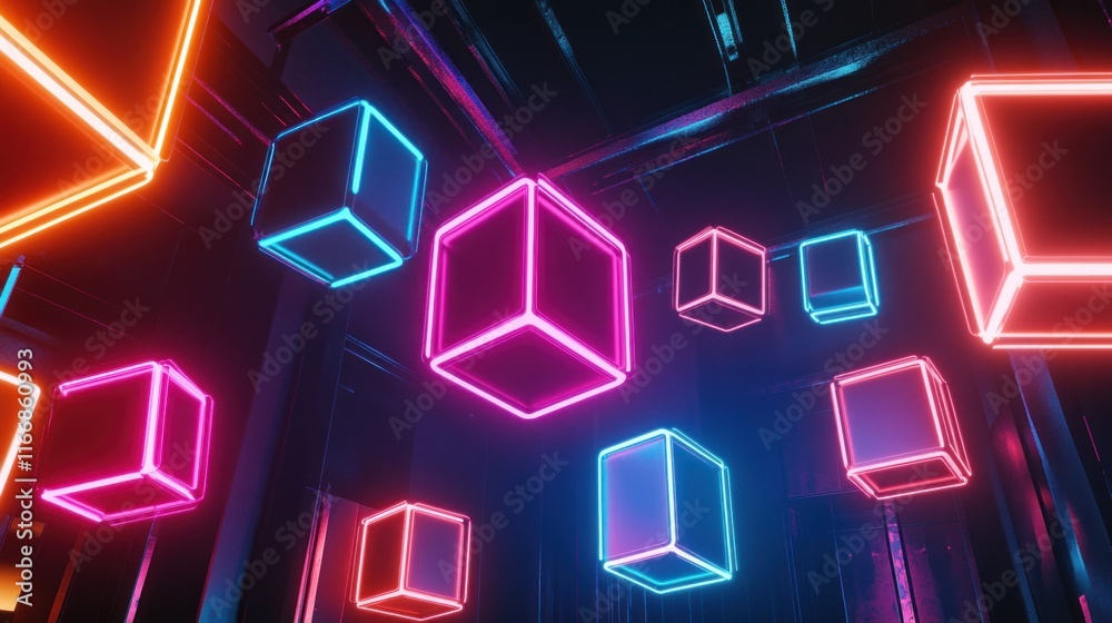 Poster neon cubes illuminate dark abstract space