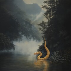 Naklejka premium A serene riverside scene featuring a golden Naga serpent emerging from the water, surrounded by mist and reflecting traditional Thai mythology.