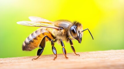 A close up of a bee on a wooden surface