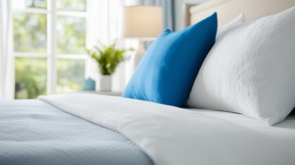 A bed with two pillows on top of it next to a window