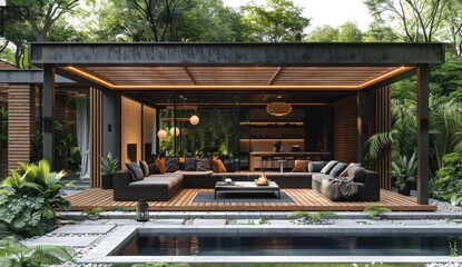 Modern Wooden Garden Gazebo with Seating Area and Swimming Pool

