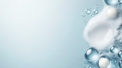 A blue background with bubbles and water droplets