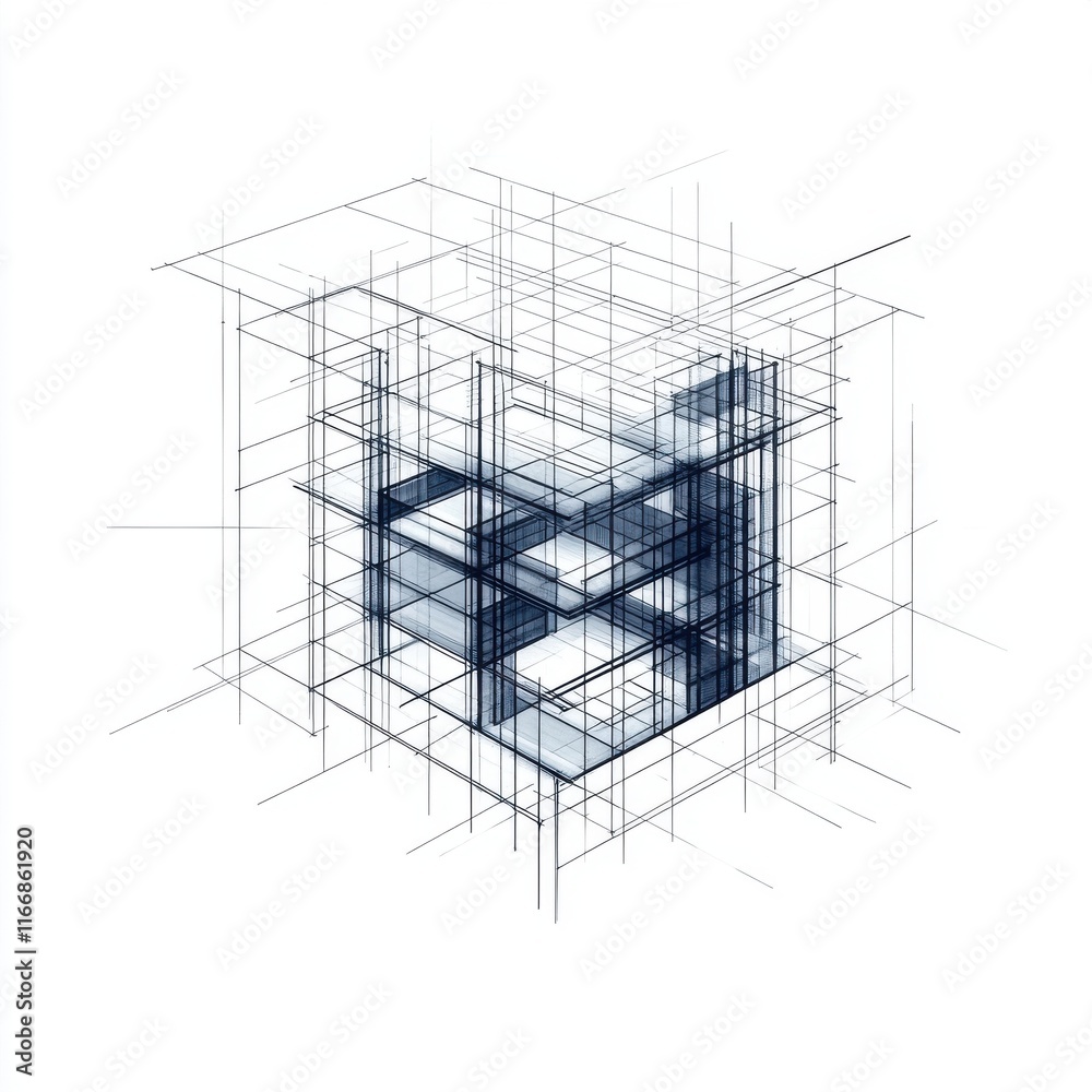 Poster abstract architectural sketch showcasing a modern building design with intricate grid lines.