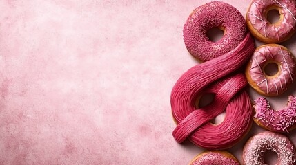 A bunch of pink donuts with sprinkles on a pink background