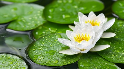 Two white water lilies in a pond with green leaves