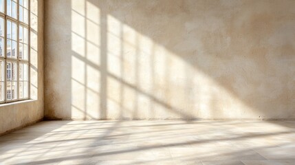 an empty room with a large window and a tiled floor