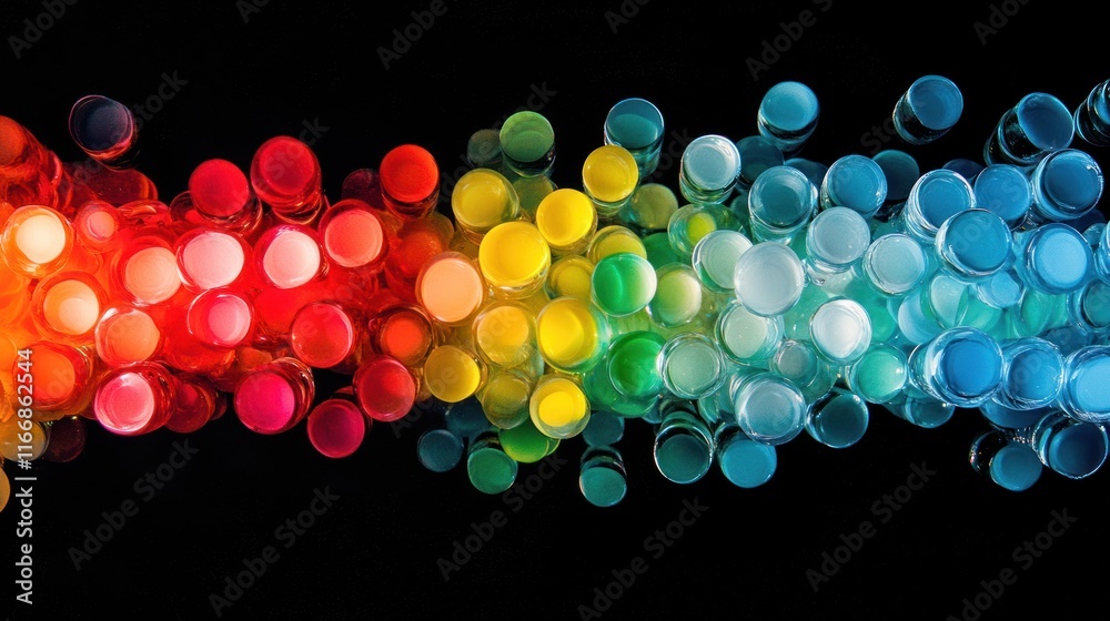 Poster colorful spheres cascade in a vibrant spectrum flow