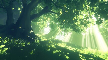 Sunbeams Illuminate Lush Green Forest Canopy And Undergrowth