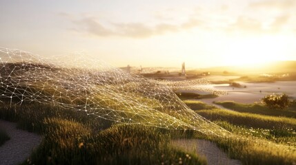 Network Over Grassy Landscape at Sunset