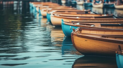 Obraz premium Rowing shells lined up at the start of a regatta with calm water