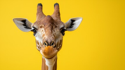  A close up of a giraffe's face on a yellow background