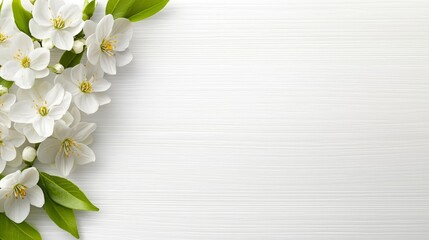 Fototapeta premium A bunch of white flowers with green leaves on a white background