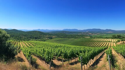 Fototapeta premium Vineyard Rows Under A Clear Blue Sky And Distant Mountains