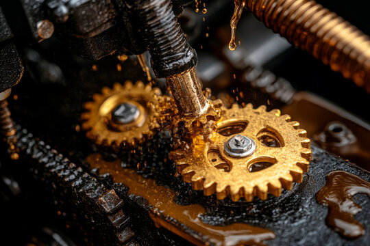 Oiling gears rotating with oil splashing, close up view