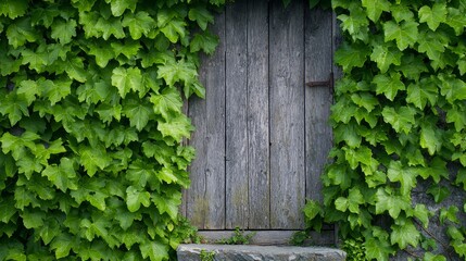 A wooden door covered in green ivy next to a stone wall
