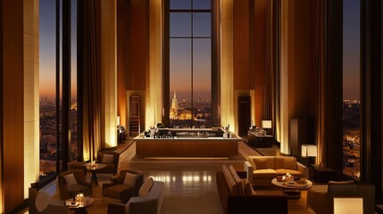 Luxurious Lounge Offers Stunning Cityscape Night View