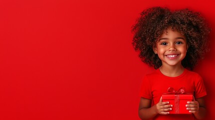A little girl holding a red gift box in her hands