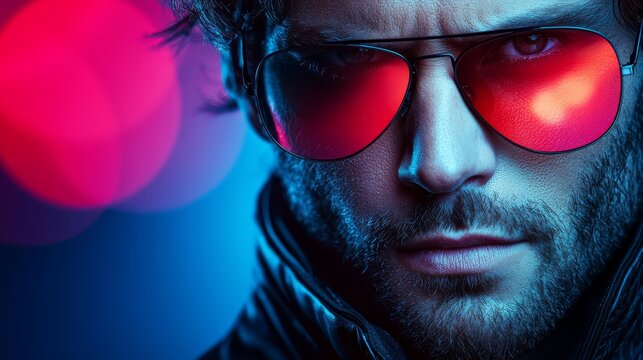 A man wearing a leather jacket and red sunglasses