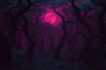 A forest of warped trees glowing with surreal, unnatural colors under a blood-red moon