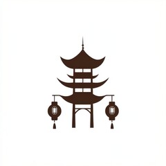 Silhouette of an ornate pagoda with lanterns, showcasing traditional Asian architecture.