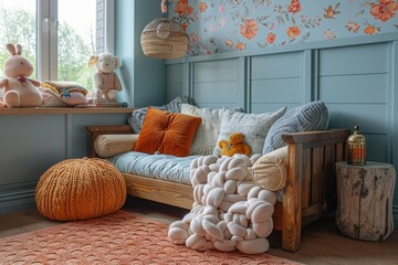 Cozy Children's Room with Wooden Bed and Pastel Blue Walls