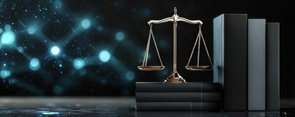 Scales of Justice:  A symbolic image of law, justice, and legal studies.  A silver scale of justice rests on a stack of law books against a dark, moody background with bokeh lights.