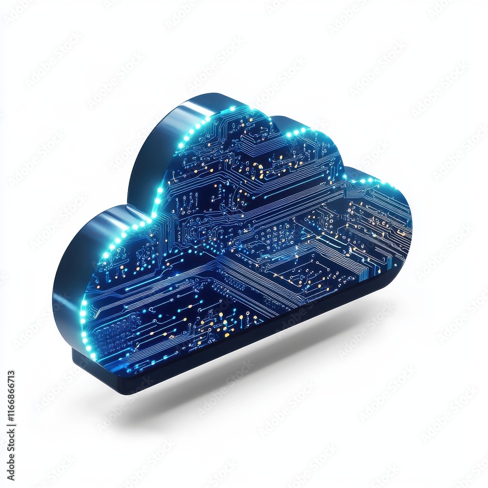 Poster digital cloud symbol with intricate circuitry illuminated in blue, representing technology and data 