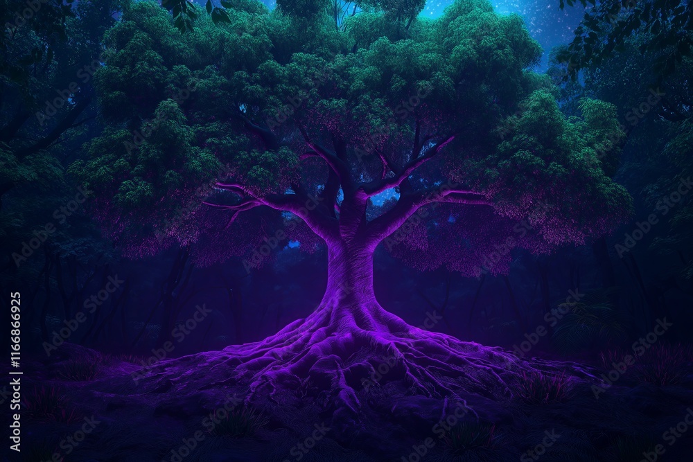 Poster a glowing tree with roots stretching into an abstract, colorful void