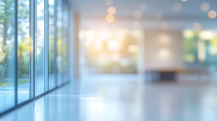 Fototapeta premium Modern business office background: blurred glass wall with blue-tinted windows in a contemporary corporate building at a business center.