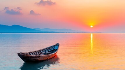 Fototapeta premium A boat floating on top of a body of water at sunset