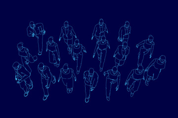 Naklejka premium Group of people are walking in a line. The people are all dressed in business attire. The image is in blue