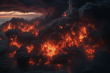A glowing volcanic eruption with distorted flames and ash swirling into the sky like wild brushstrokes