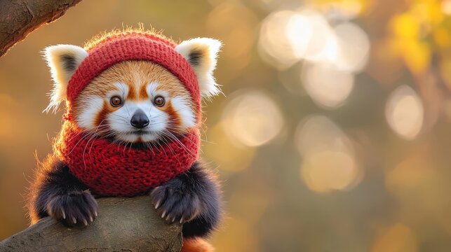 A red panda wearing a red hat and scarf sitting on a tree branch