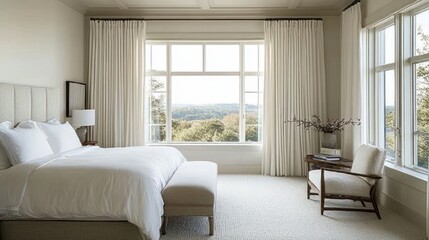 Serene Bedroom With Scenic View And Luxurious Bedding