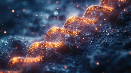 Glowing dna helix in futuristic digital environment with sparkling lights