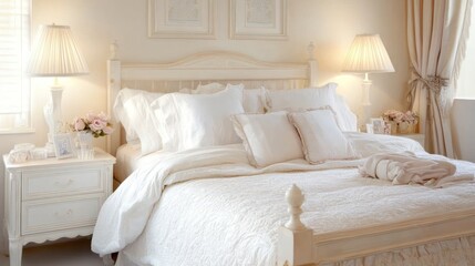 Elegant White Bedroom With Luxurious Bedding And Decor