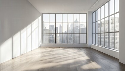 Fototapeta premium Sunlit Empty Room with Hardwood Floor and City View from Large Windows